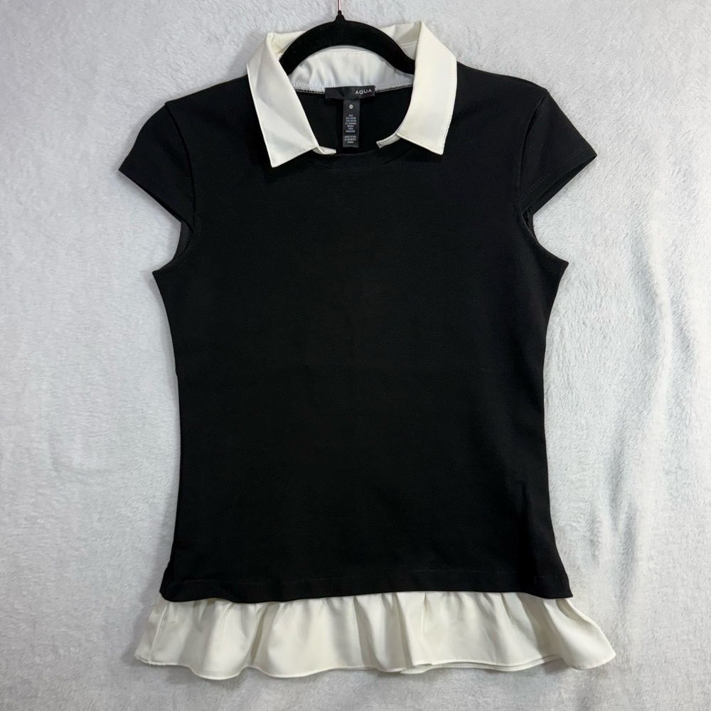 Aqua XS Knit Peplum Top Black Layered Collar Ruffle Office Preppy‎ Twee Capsule